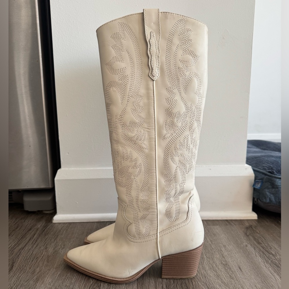Crown Vintage Cream Knee-High Western Heeled Boots